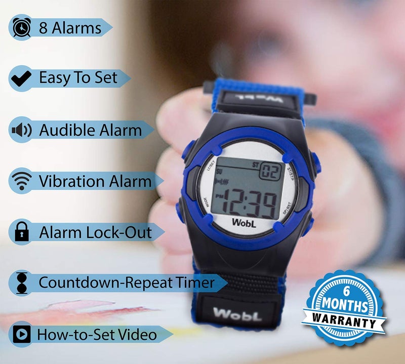 WobL WobL Vibrating 8-Alarm & Repeating Countdown Timer Watch for Kids & Adults, Medication/Sports/Meetings/Potty Reminders, Blue  - Image 2