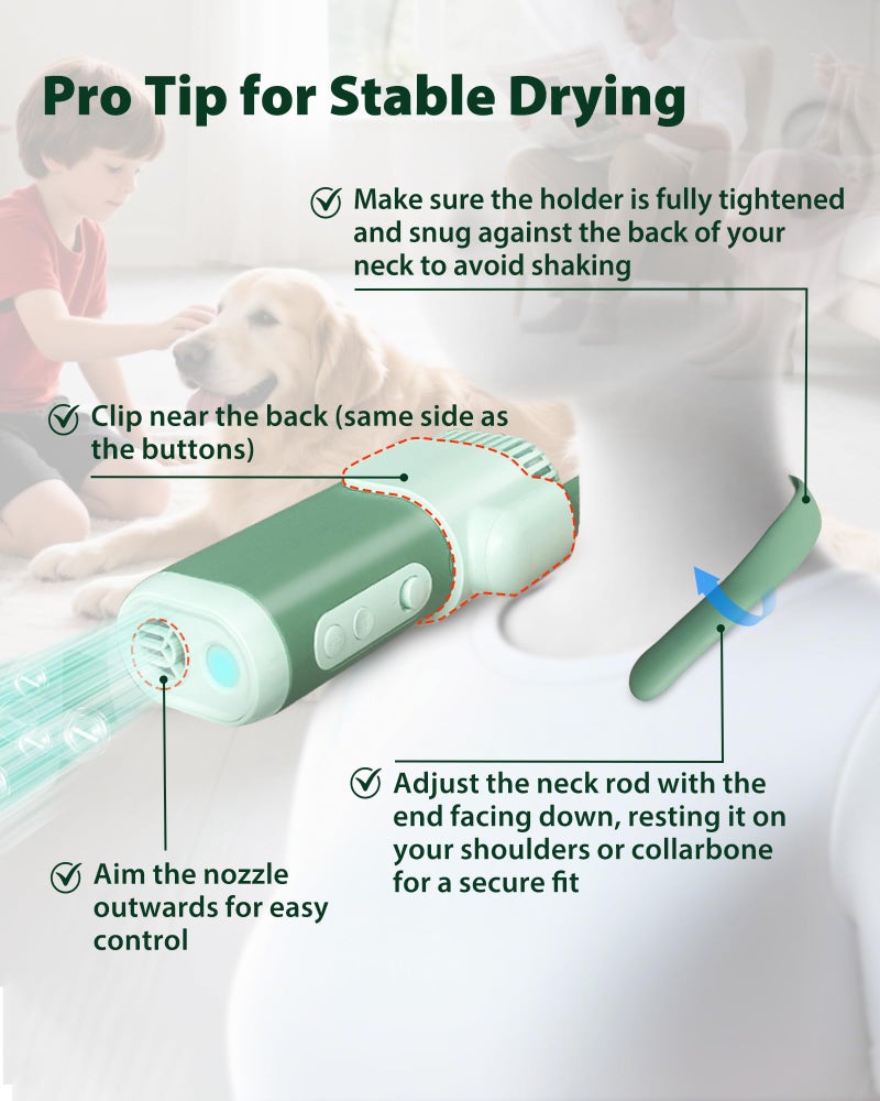 NRYDEPET 2-in-1 Hands-Free Dog Hair Dryer with Table Clamp â€“ Low Noise Pet Grooming Dryer for Dogs & Cats, Adjustable Heat & Speed, Wearable or Desktop Use(Green) - Image 5