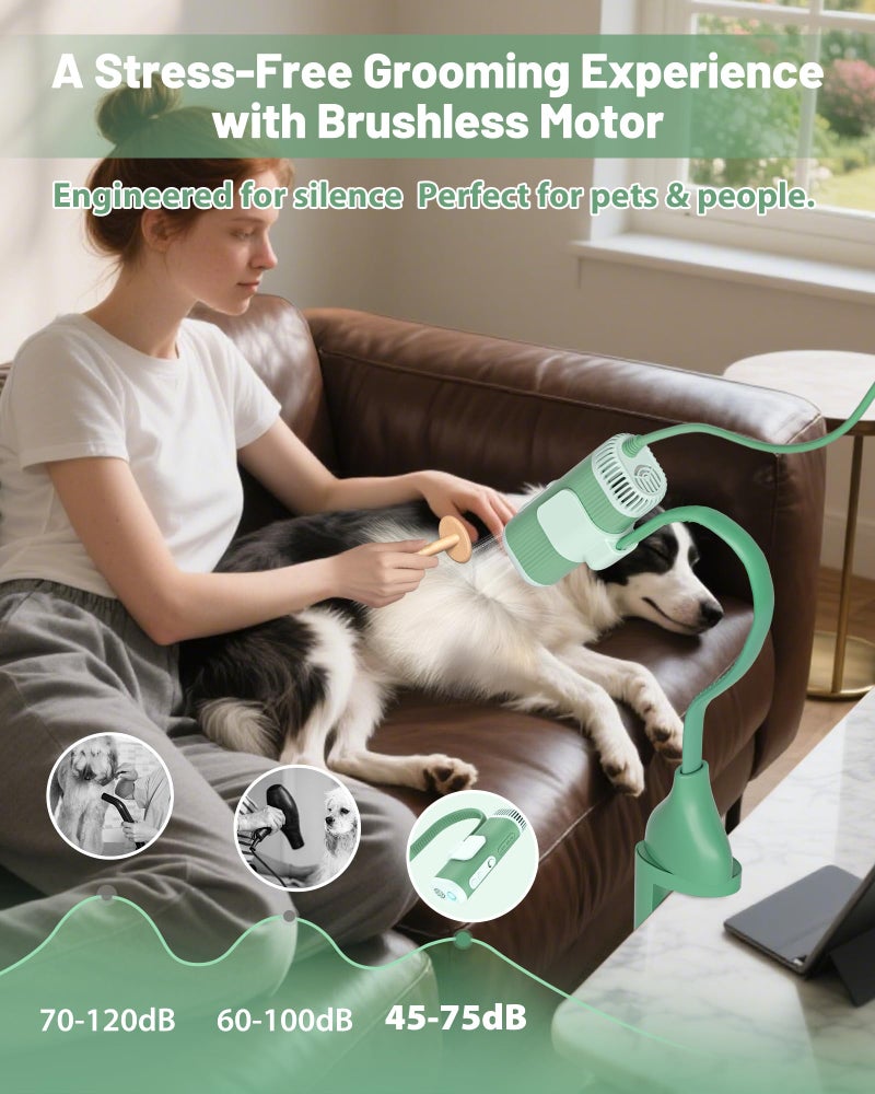 NRYDEPET 2-in-1 Hands-Free Dog Hair Dryer with Table Clamp â€“ Low Noise Pet Grooming Dryer for Dogs & Cats, Adjustable Heat & Speed, Wearable or Desktop Use(Green) - Image 2