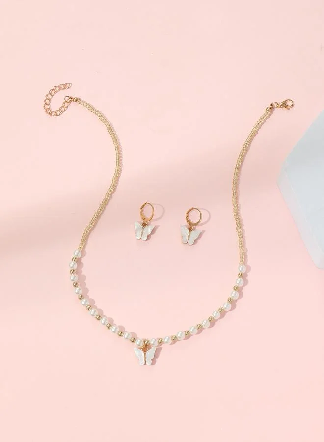 Take Two  Girls Multi-Color Butterfly Charm and Pearl Pendant Necklace and Earrings Set for Women | Best Price UAE