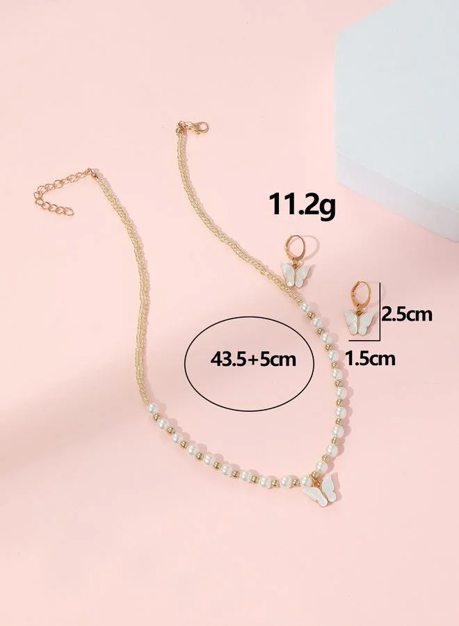 Take Two  Girls Multi-Color Butterfly Charm and Pearl Pendant Necklace and Earrings Set for Women | Best Price UAE