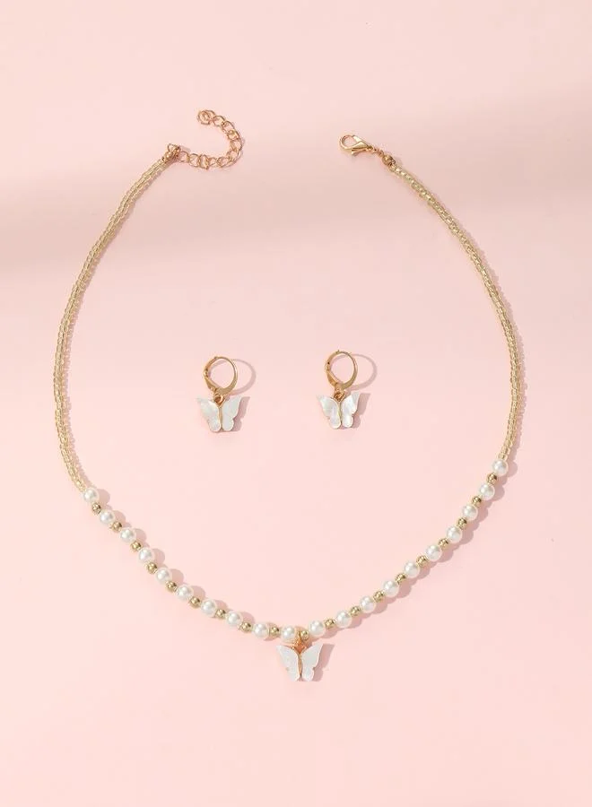Take Two  Girls Multi-Color Butterfly Charm and Pearl Pendant Necklace and Earrings Set for Women | Best Price UAE