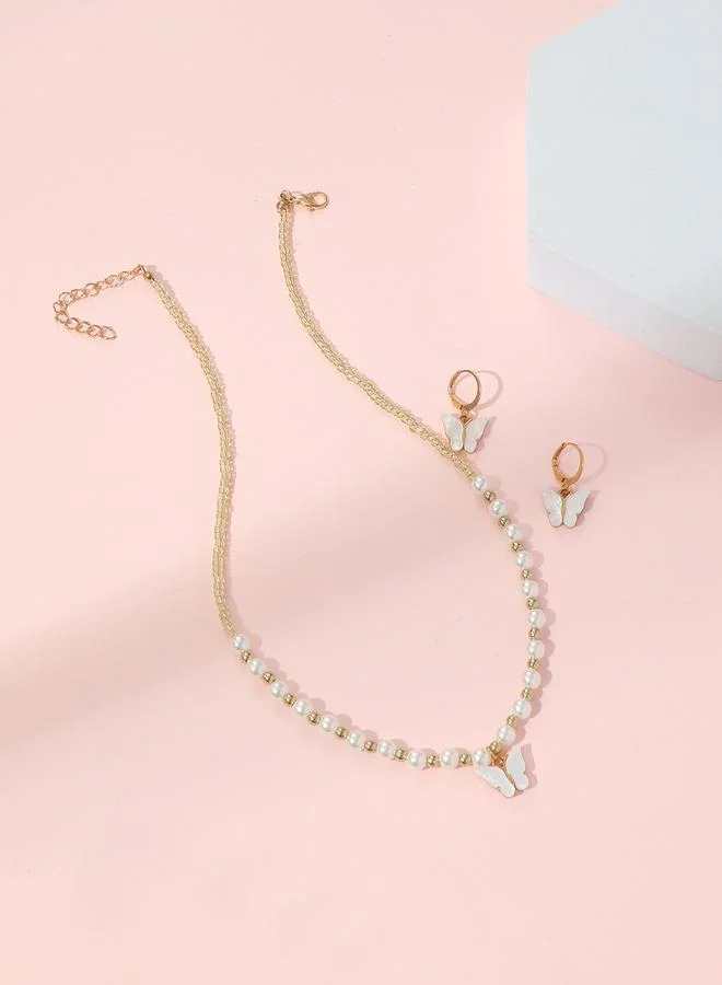 Girls Multi-Color Butterfly Charm and Pearl Pendant Necklace and Earrings Set
