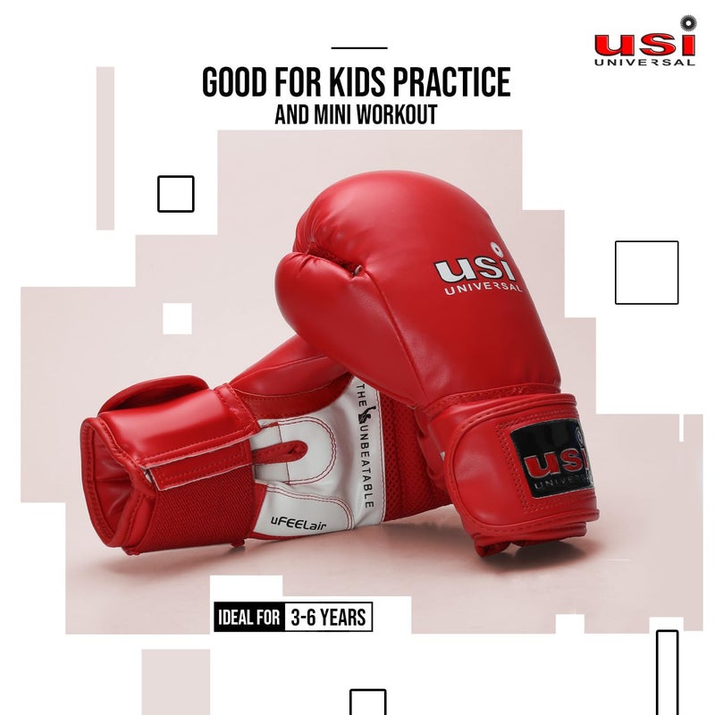 USI UNIVERSAL قفازات ملاكمة لايت كونتست من مادة PU للأطفال من 3 إلى 6 سنوات مع حشوة رغوية مصبوبة، بطانة تمتص العرق، إغلاق بحزام مطاطي مع لاصق (أحمر، 6 أونصات) - Image 2