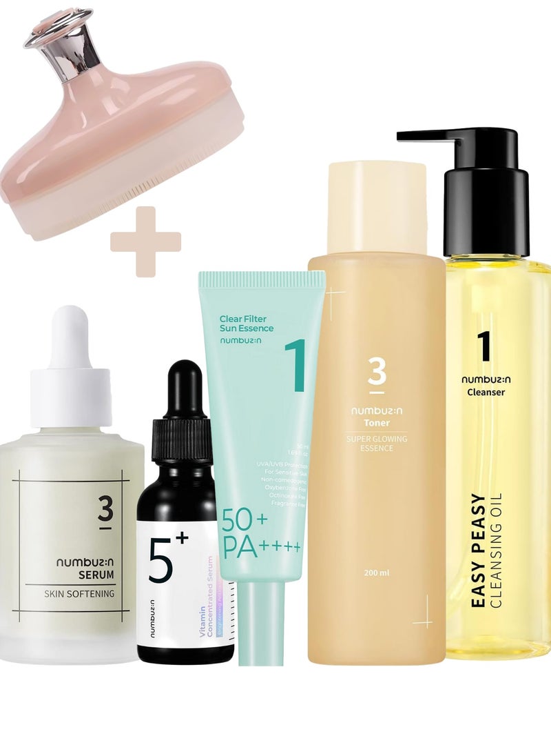 numbuzin Youthful Radiance Anti-Aging Bundle & Face Scrubber - Easy Peasy Cleansing Oil, Pure-full Calming Herb Toner, Vitamin Concentrated Serum, Skin Softening Serum, Clear Filter Sun Essence SPF50+ PA++++  - Image 1