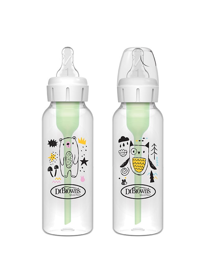 Dr. Brown’s 8 oz/250 mL PP Narrow Anti-Colic Options+ Baby Bottle, Bear/Owl, 2-Pack - Image 1