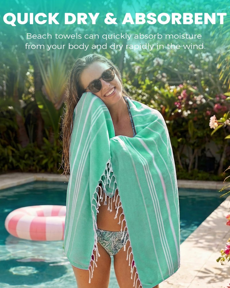 Antfuny Turkish Beach Towels Quick Dry Sand Free Soft Absorbent Adult Oversized Bath Pool Swim Long Stripe Towel Sound Cloud Sandfree Chamois Mat Summer Thing Lightweight Thin Mint Green Vacation Essentials - Image 2