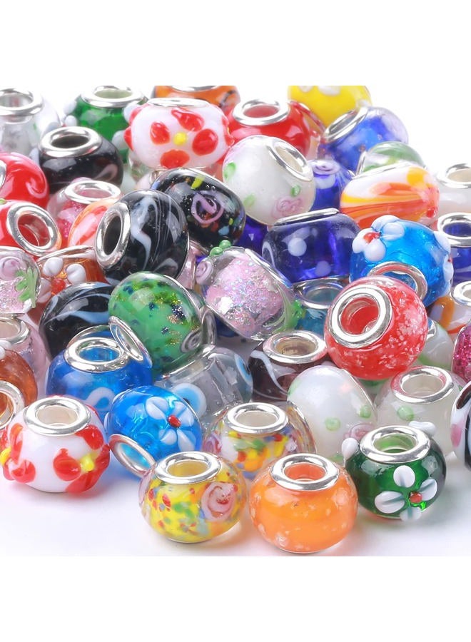 Weebee Murano Glass Beads Large Hole Glass Beads European Lampwork Spacer Charms Bead Silver Plated Cores Bracelet Charm for DIY Crafts Jewelry Making 50 Pcs Mixed - Image 1