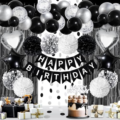 ZERODECO Black White Birthday Party Decorations Happy Birthday Banner Pompoms White Black Balloon Arch Fringe Curtain Party Dcor for Men Women Black and White Party - Image 1