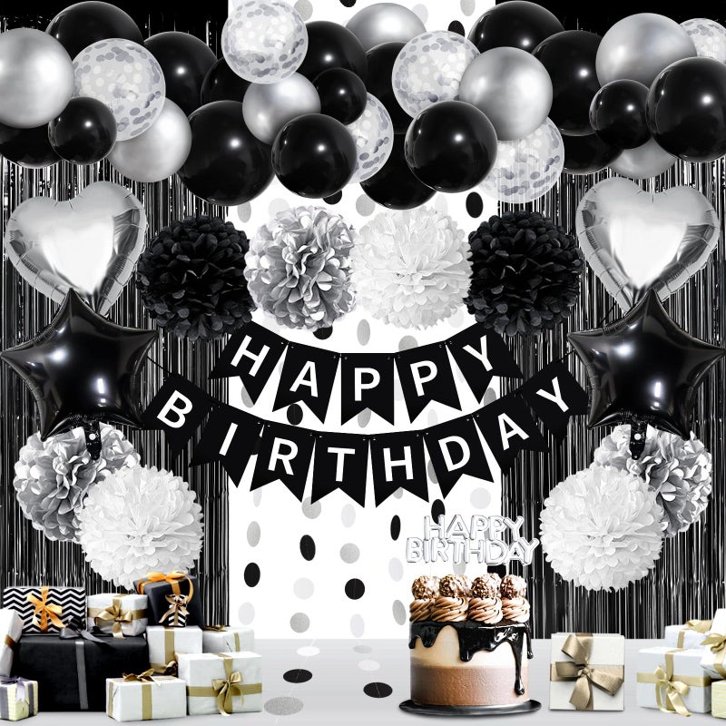 ZERODECO Black White Birthday Party Decorations Happy Birthday Banner Pompoms White Black Balloon Arch Fringe Curtain Party Dcor for Men Women Black and White Party - Image 3