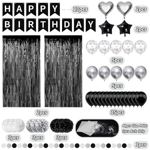 ZERODECO Black White Birthday Party Decorations Happy Birthday Banner Pompoms White Black Balloon Arch Fringe Curtain Party Dcor for Men Women Black and White Party - Image 5