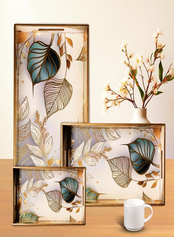 SLEEKBODE™ Wooden Serving Tray Set of 3 | Enamel Coated Waterproof Rectangular Trays with Gold Engraving | Tea, Snacks & Dining Table Decor | Home & Kitchen Decorative Center Table Trays - Image 1