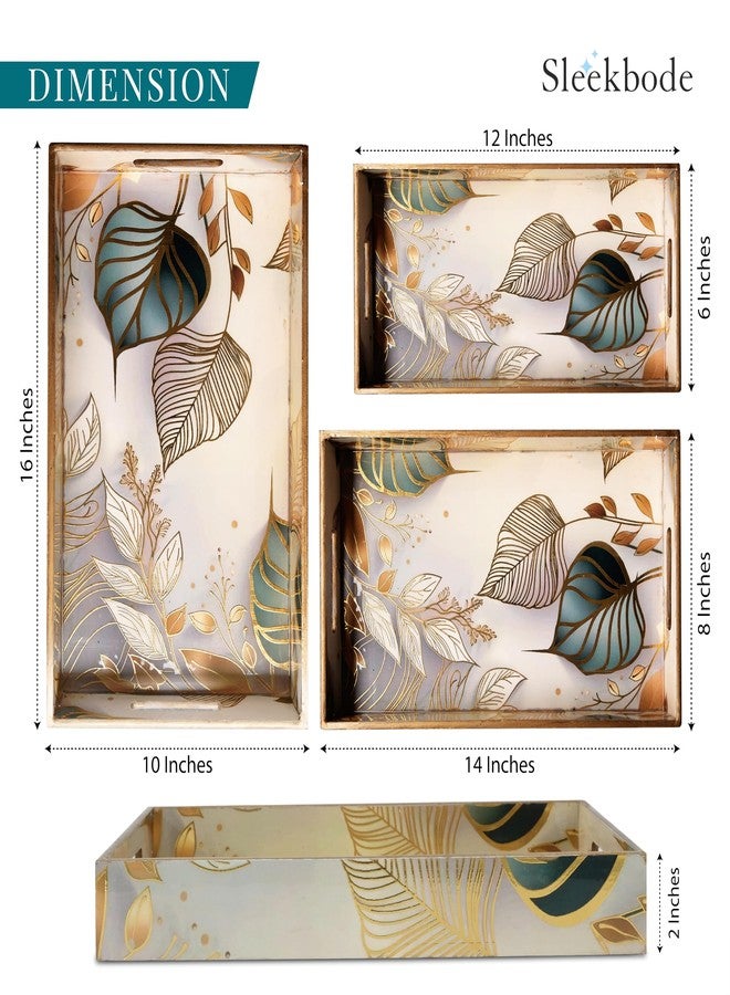 SLEEKBODE™ Wooden Serving Tray Set of 3 | Enamel Coated Waterproof Rectangular Trays with Gold Engraving | Tea, Snacks & Dining Table Decor | Home & Kitchen Decorative Center Table Trays - Image 2
