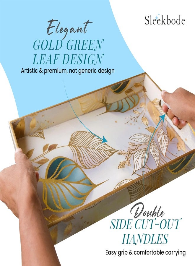 SLEEKBODE™ Wooden Serving Tray Set of 3 | Enamel Coated Waterproof Rectangular Trays with Gold Engraving | Tea, Snacks & Dining Table Decor | Home & Kitchen Decorative Center Table Trays - Image 5
