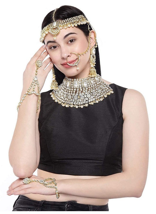 I Jewels I Jewels Gold Plated Traditional Handcrafted Faux Kundan Studded Bridal Jewellery Set with Earrings & Matha Patti for Women (IJ020W)  - Image 3