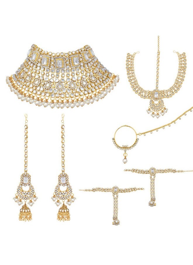 I Jewels I Jewels Gold Plated Traditional Handcrafted Faux Kundan Studded Bridal Jewellery Set with Earrings & Matha Patti for Women (IJ020W)  - Image 1