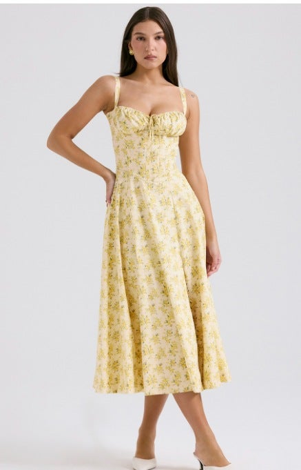 Summer French Style Slim A-Line Split Slip Dress newly added yellow flower 
