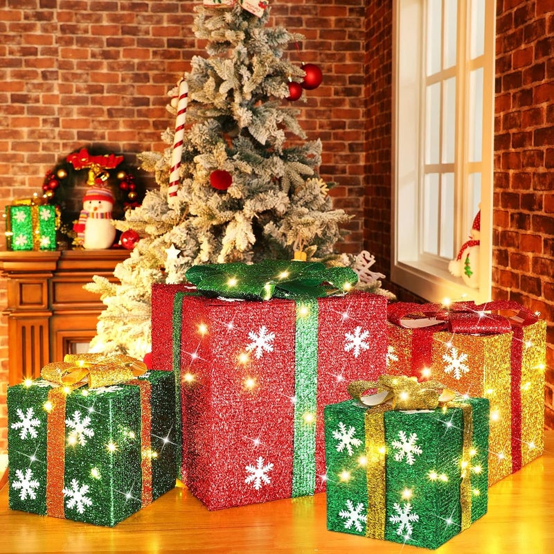 كلاراكو صناديق هدايا مضاءة من كلاركو لعيد الميلاد مع أقواس وزينة خارجية مضاءة لعيد الميلاد وصندوق هدايا مضاء لشجرة عيد الميلاد وديكور المنزل والحديقة (4 قطع، ندفة ثلجية) - Image 1