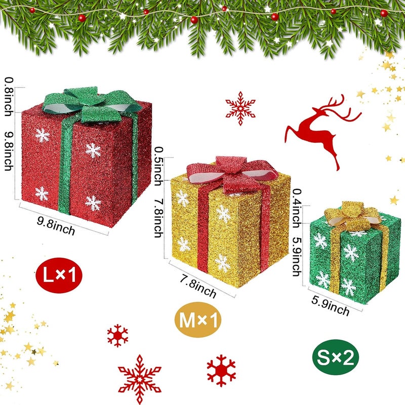 كلاراكو صناديق هدايا مضاءة من كلاركو لعيد الميلاد مع أقواس وزينة خارجية مضاءة لعيد الميلاد وصندوق هدايا مضاء لشجرة عيد الميلاد وديكور المنزل والحديقة (4 قطع، ندفة ثلجية) - Image 3