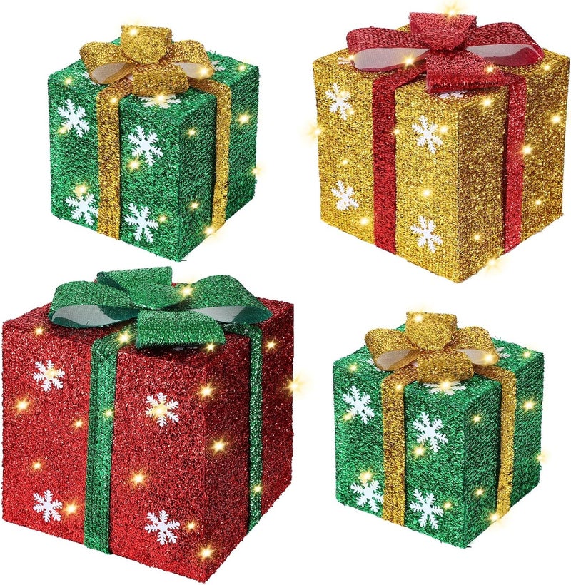 كلاراكو صناديق هدايا مضاءة من كلاركو لعيد الميلاد مع أقواس وزينة خارجية مضاءة لعيد الميلاد وصندوق هدايا مضاء لشجرة عيد الميلاد وديكور المنزل والحديقة (4 قطع، ندفة ثلجية) - Image 2