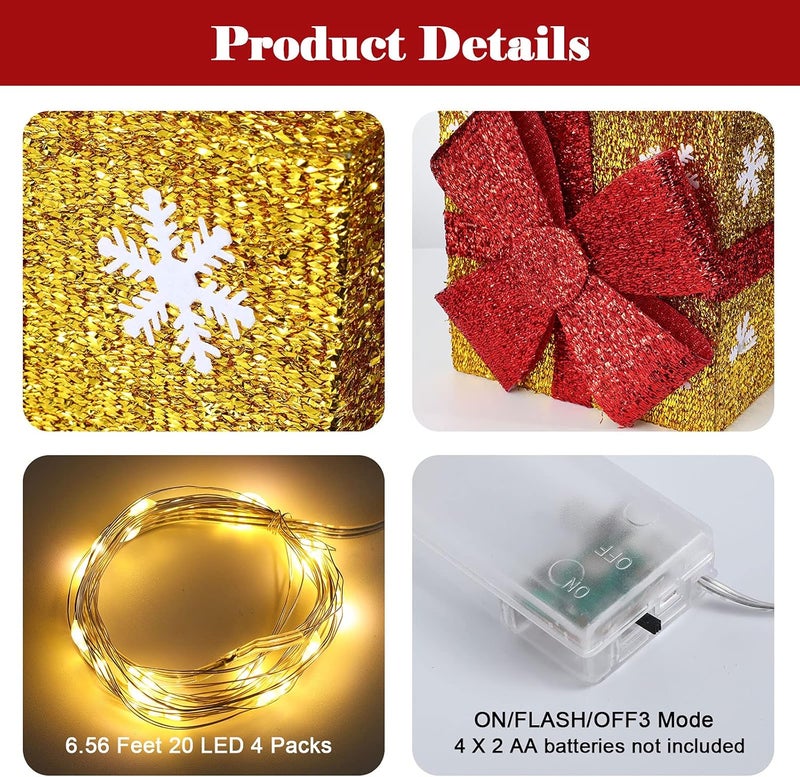 كلاراكو صناديق هدايا مضاءة من كلاركو لعيد الميلاد مع أقواس وزينة خارجية مضاءة لعيد الميلاد وصندوق هدايا مضاء لشجرة عيد الميلاد وديكور المنزل والحديقة (4 قطع، ندفة ثلجية) - Image 5