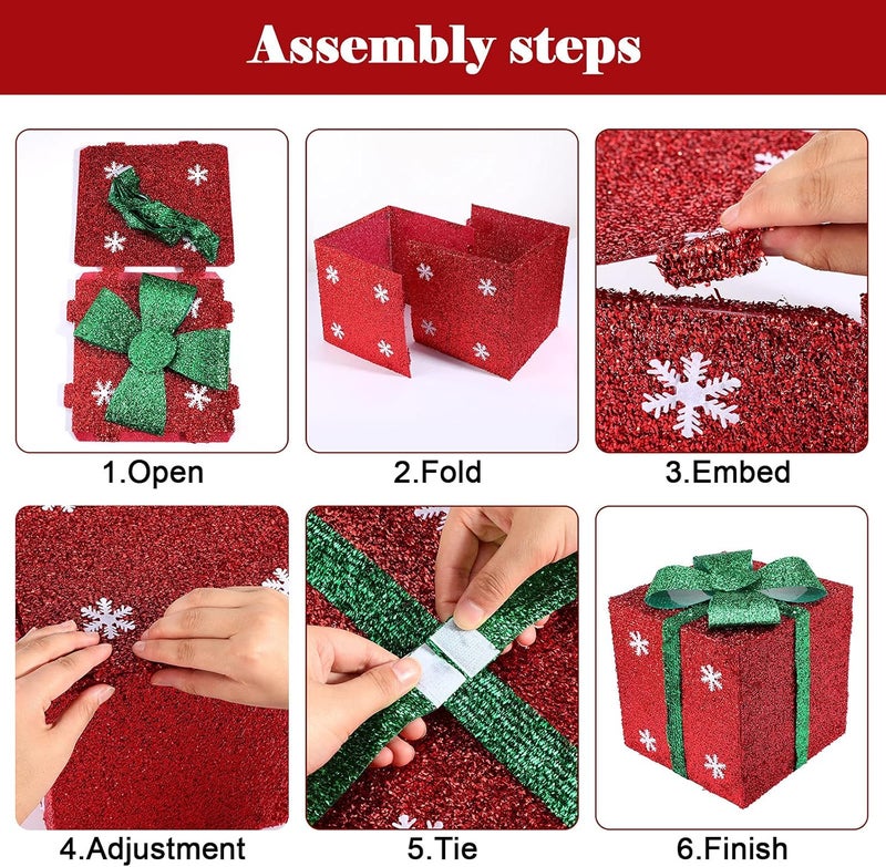 كلاراكو صناديق هدايا مضاءة من كلاركو لعيد الميلاد مع أقواس وزينة خارجية مضاءة لعيد الميلاد وصندوق هدايا مضاء لشجرة عيد الميلاد وديكور المنزل والحديقة (4 قطع، ندفة ثلجية) - Image 4