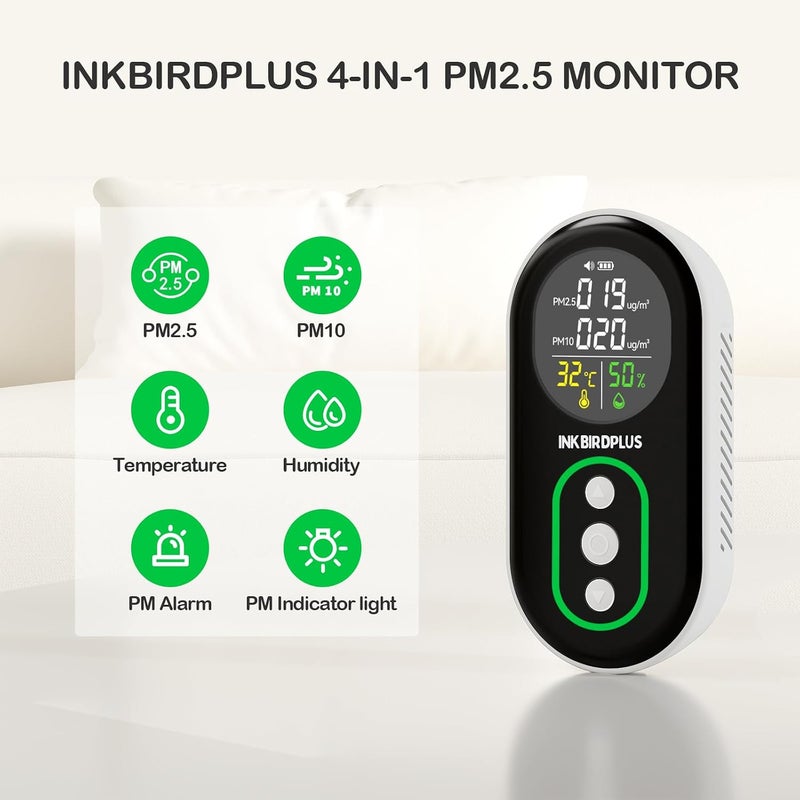 مراقب جودة الهواء الداخلي INKBIRDPLUS PM2.5، كاشف محمول لـ PM2.5 وPM10 ودرجة الحرارة والرطوبة، مع تنبيه مزدوج صوتي وضوئي، مؤشر PM2.5 وPM10، للمنزل، المكتب، المدرسة - Image 2
