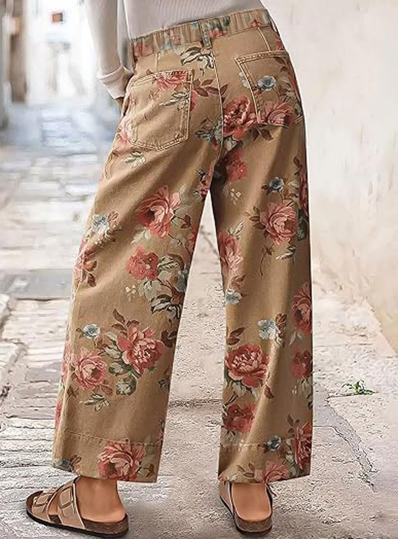 loveimgs Women Mid Rise Cropped Wide Leg Jeans Baggy Floral Ankle Pants Denim Capris Flare Print Boho Palazzo Jeans Boyfriend (X-Small,Khaki) - Image 3