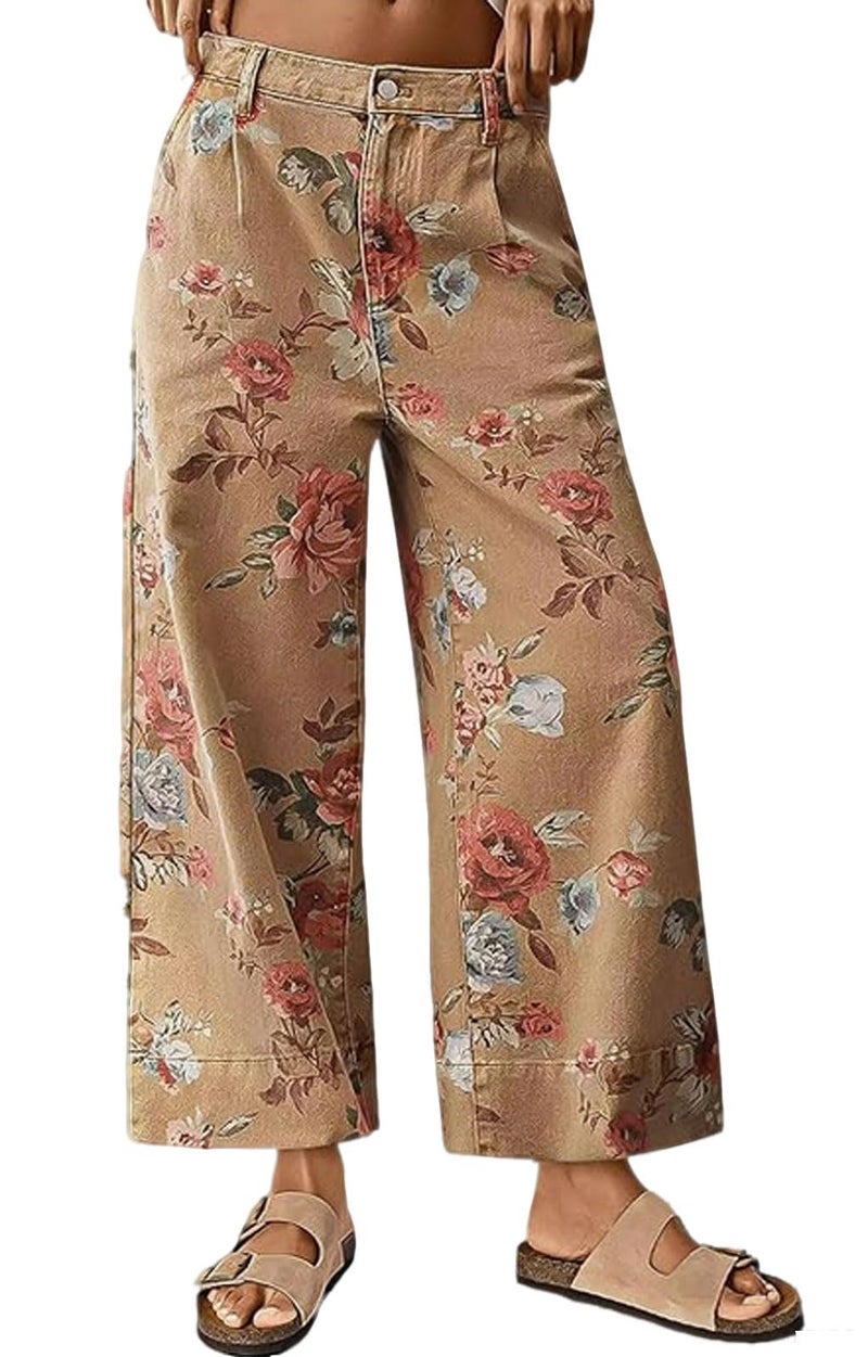 loveimgs Women Mid Rise Cropped Wide Leg Jeans Baggy Floral Ankle Pants Denim Capris Flare Print Boho Palazzo Jeans Boyfriend (X-Small,Khaki) - Image 1