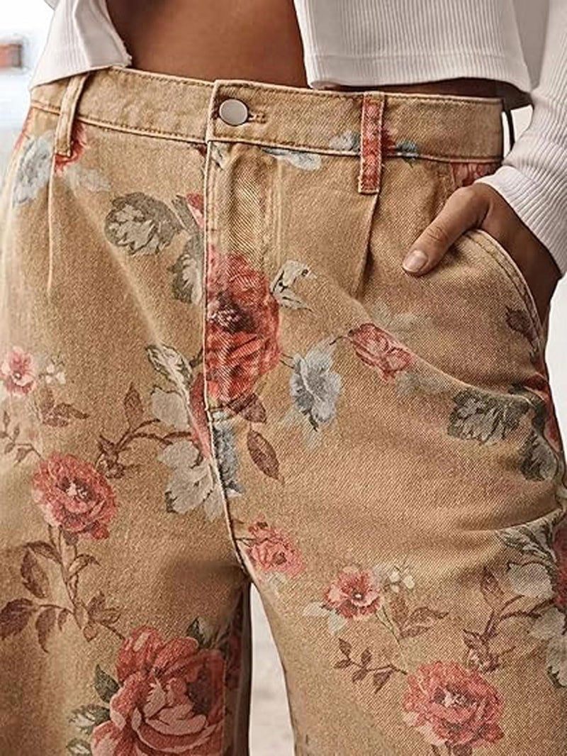 loveimgs Women Mid Rise Cropped Wide Leg Jeans Baggy Floral Ankle Pants Denim Capris Flare Print Boho Palazzo Jeans Boyfriend (X-Small,Khaki) - Image 4