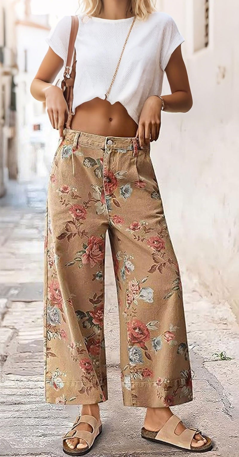 loveimgs Women Mid Rise Cropped Wide Leg Jeans Baggy Floral Ankle Pants Denim Capris Flare Print Boho Palazzo Jeans Boyfriend (X-Small,Khaki) - Image 2
