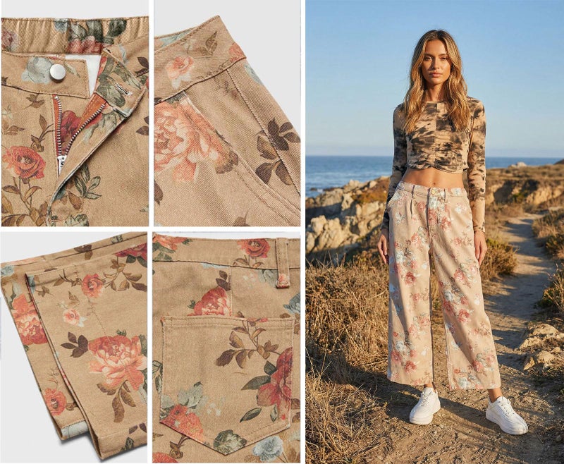 loveimgs Women Mid Rise Cropped Wide Leg Jeans Baggy Floral Ankle Pants Denim Capris Flare Print Boho Palazzo Jeans Boyfriend (X-Small,Khaki) - Image 5