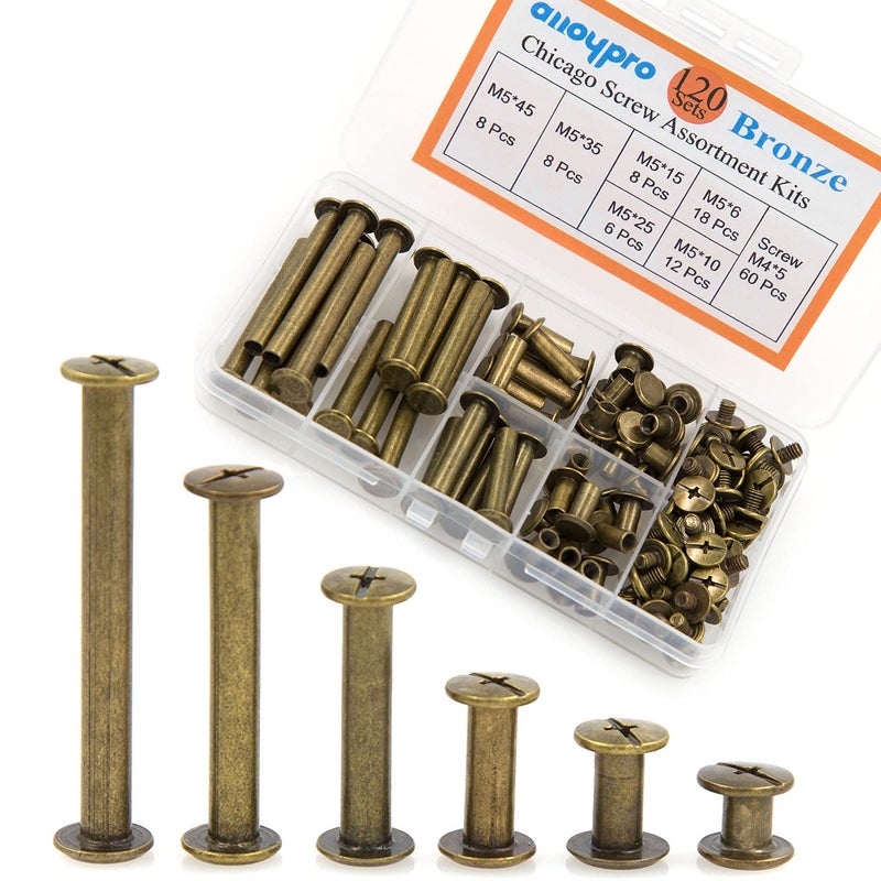 ALLOYPRO 120 Pcs (60 Pair) M5 x 6/10/15/25/35/45 Bronze Phillips Chicago Screws Binding Screw Posts,Scrapbook Photo Albums Binding Screws Assorted Kit 6 Sizes for Leather Saddles Purses Belt Repair - Image 1