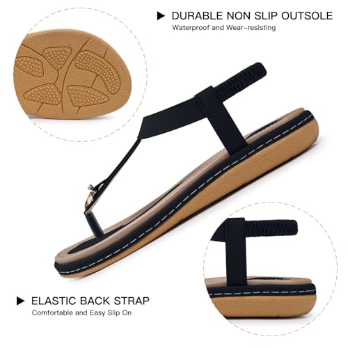 SHIBEVER Womens Sandals Summer Flat: Dressy Casual T-Strap Flip Flop Thong Flat Sandals - Black Size 6 Comfortable Walking - Image 3