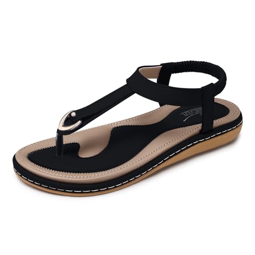 SHIBEVER Womens Sandals Summer Flat: Dressy Casual T-Strap Flip Flop Thong Flat Sandals - Black Size 6 Comfortable Walking - Image 1