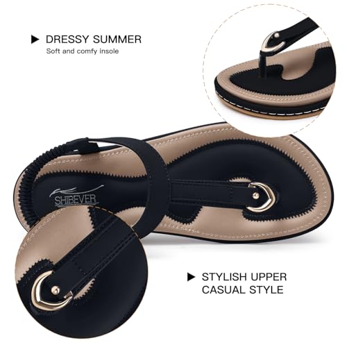 SHIBEVER Womens Sandals Summer Flat: Dressy Casual T-Strap Flip Flop Thong Flat Sandals - Black Size 6 Comfortable Walking - Image 2