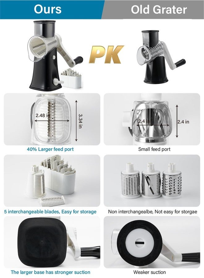 ALEXPHY Rotary Cheese Grater Hand Crank, 5 blades Cheese shredder, Stronger Suction, Easy to Clean for Fruit, Vegetables, Nuts, Black - Image 3