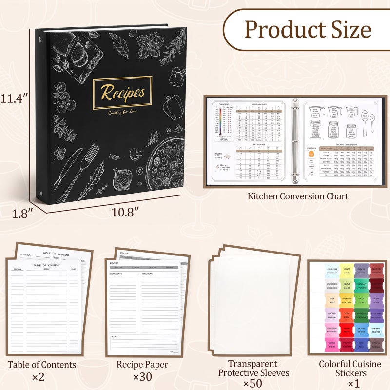 Dahey Recipe Binder with 50 Plastic Sleeves Waterproof Recipe Book to Write in Your Own Recipes Family Recipe Organizer Set with 30 Sheets and Dividers Stickers Blank Cookbook Binder, Kitchen - Image 3