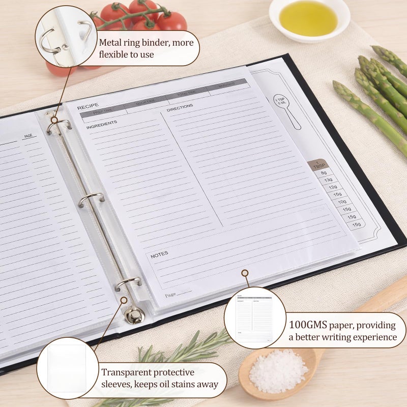 Dahey Recipe Binder with 50 Plastic Sleeves Waterproof Recipe Book to Write in Your Own Recipes Family Recipe Organizer Set with 30 Sheets and Dividers Stickers Blank Cookbook Binder, Kitchen - Image 4