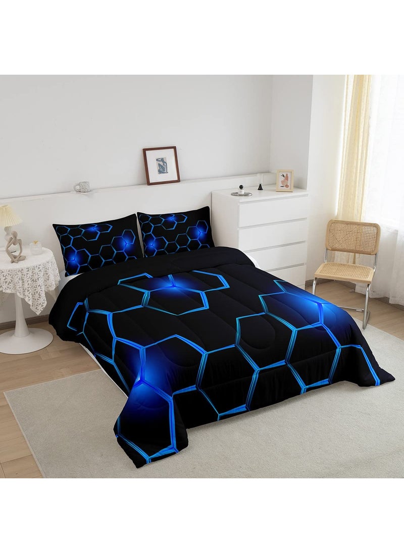Feelyou Honeycomb Kids Comforter Set Modern Geometry Hexagon Bedding Set for Boys Teens Decor Geometrical Comforter Beehive Geometric Black Blue Duvet Set King Size with 3 Pillow Case Boys  - Image 2