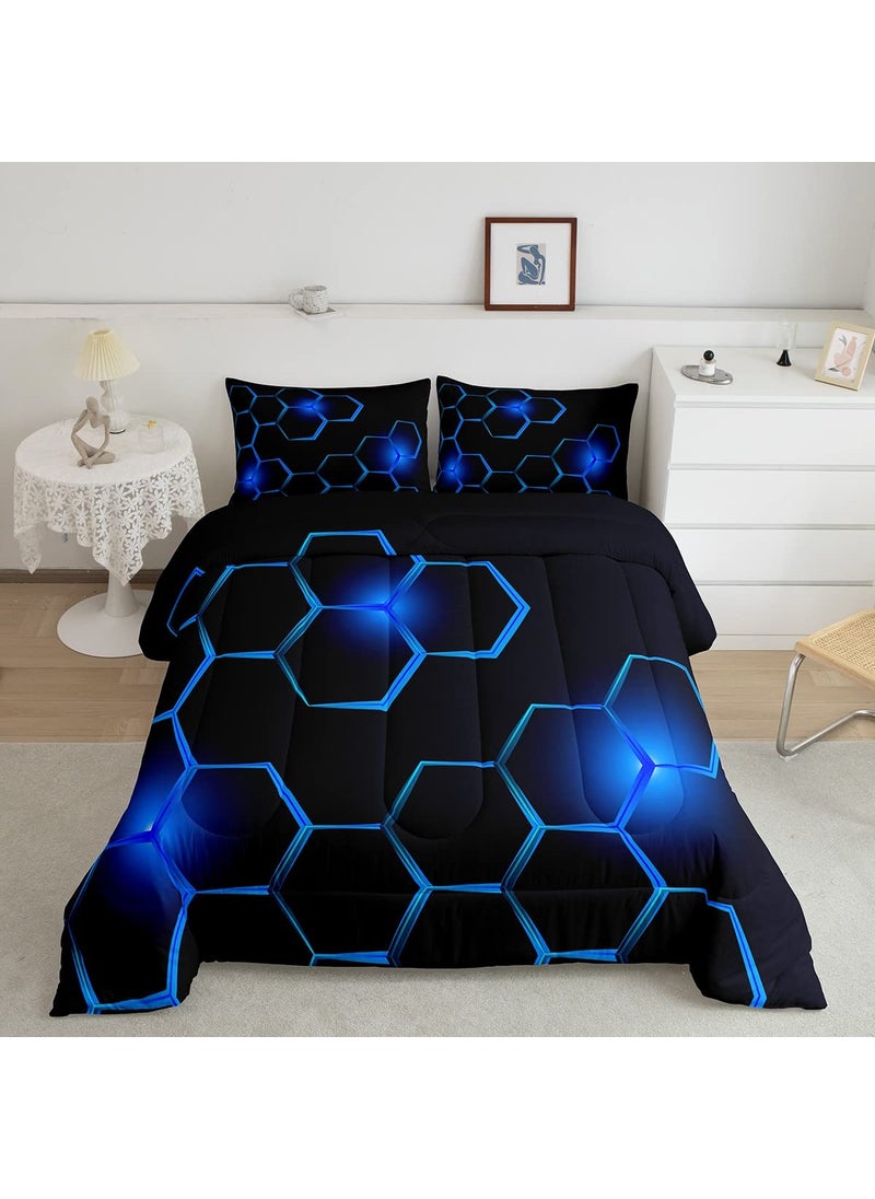 Feelyou Honeycomb Kids Comforter Set Modern Geometry Hexagon Bedding Set for Boys Teens Decor Geometrical Comforter Beehive Geometric Black Blue Duvet Set King Size with 3 Pillow Case Boys  - Image 1
