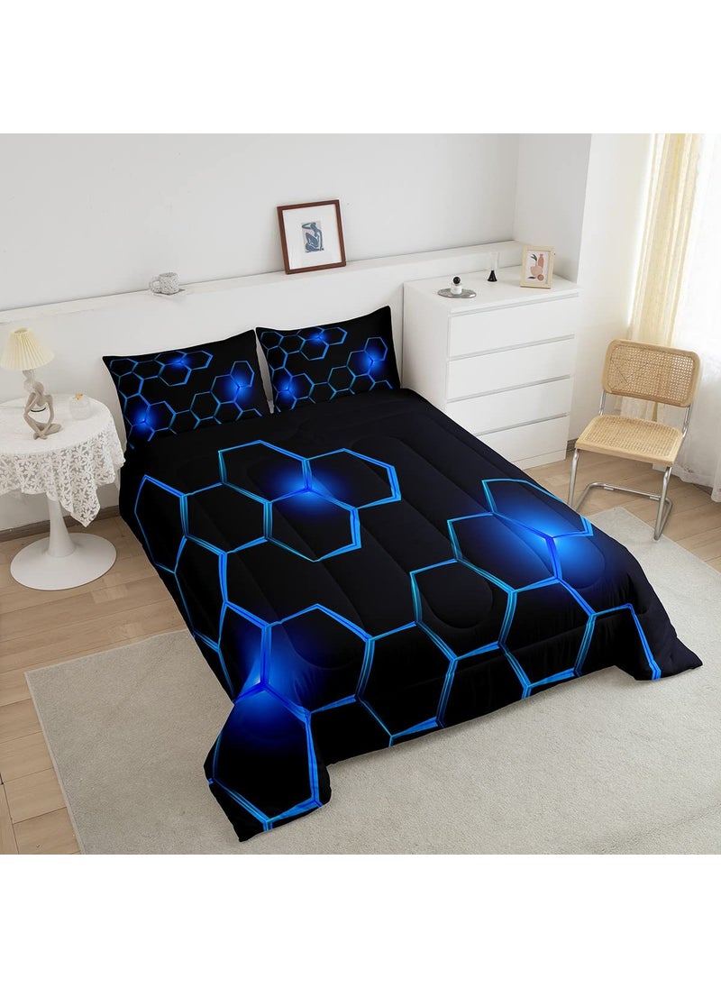 Feelyou Honeycomb Kids Comforter Set Modern Geometry Hexagon Bedding Set for Boys Teens Decor Geometrical Comforter Beehive Geometric Black Blue Duvet Set King Size with 3 Pillow Case Boys  - Image 3