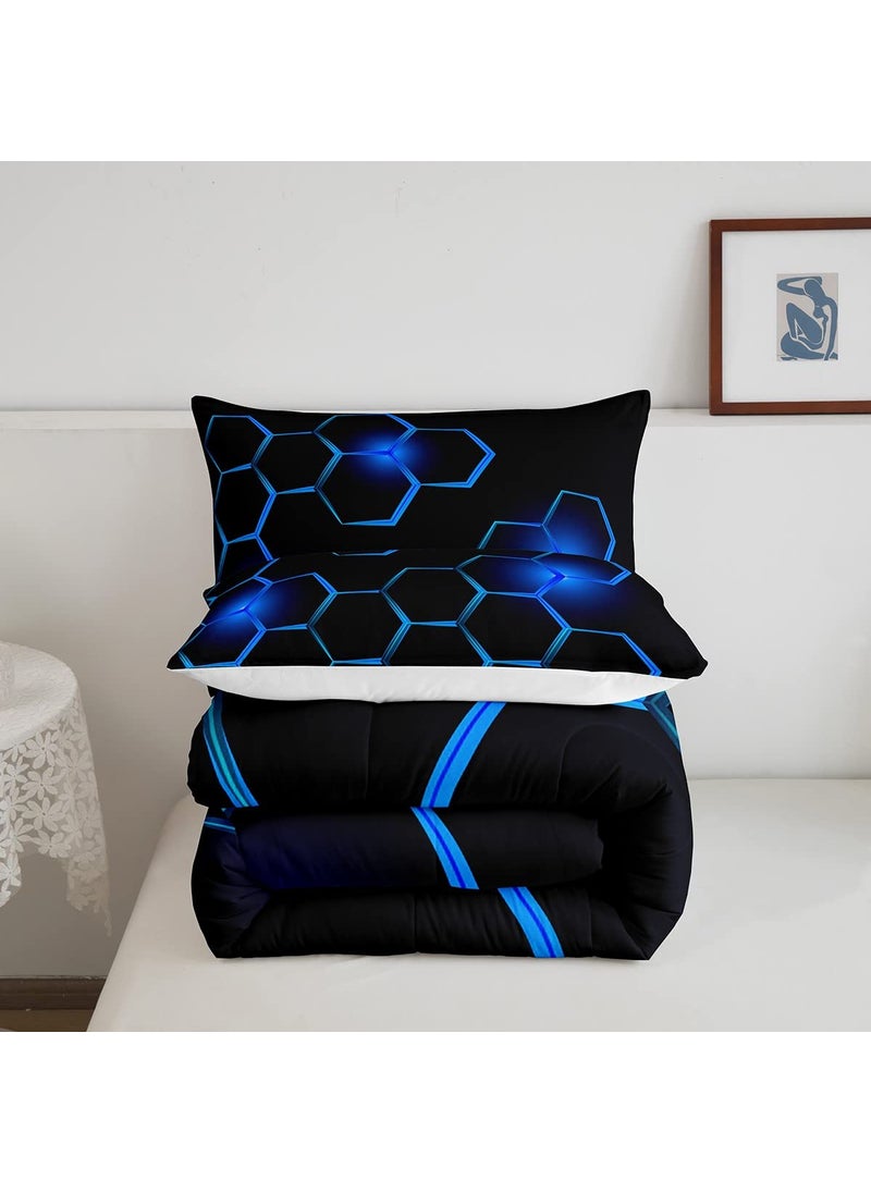 Feelyou Honeycomb Kids Comforter Set Modern Geometry Hexagon Bedding Set for Boys Teens Decor Geometrical Comforter Beehive Geometric Black Blue Duvet Set King Size with 3 Pillow Case Boys  - Image 5