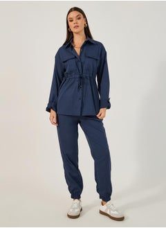 Solid Button Down Shirt and Jogger Set with belt detail