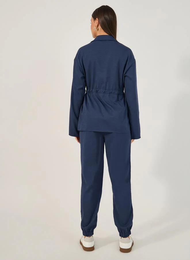 Styli Styli Solid Button Down Shirt and Jogger Set with belt detail
