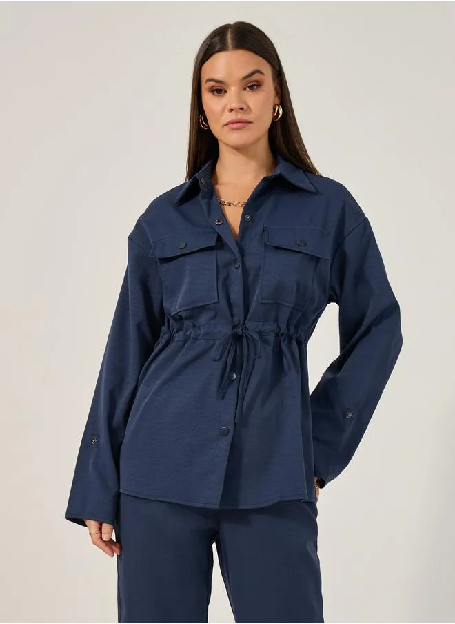 ستايلي Styli Solid Button Down Shirt and Jogger Set with belt detail