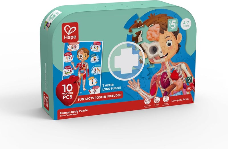 Hape Human Body Puzzle | Anatomy Jigsaw Puzzle with 10 Wooden Parts and Fact-Filled Poster | Educational Puzzle for Kids Aged 4 and Up - Image 5