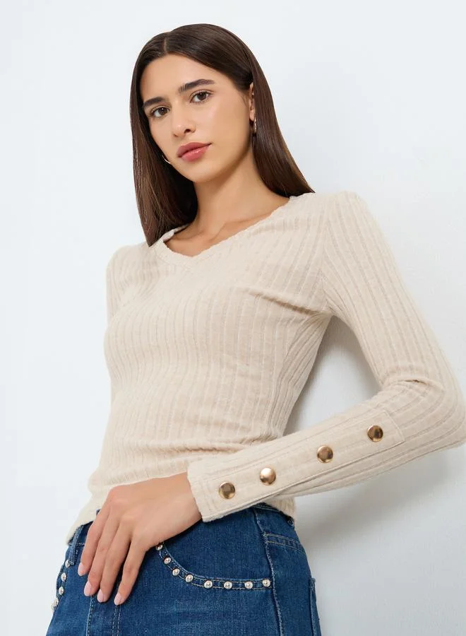 Take Two Solid V-Neck Button Detail Ribbed Top