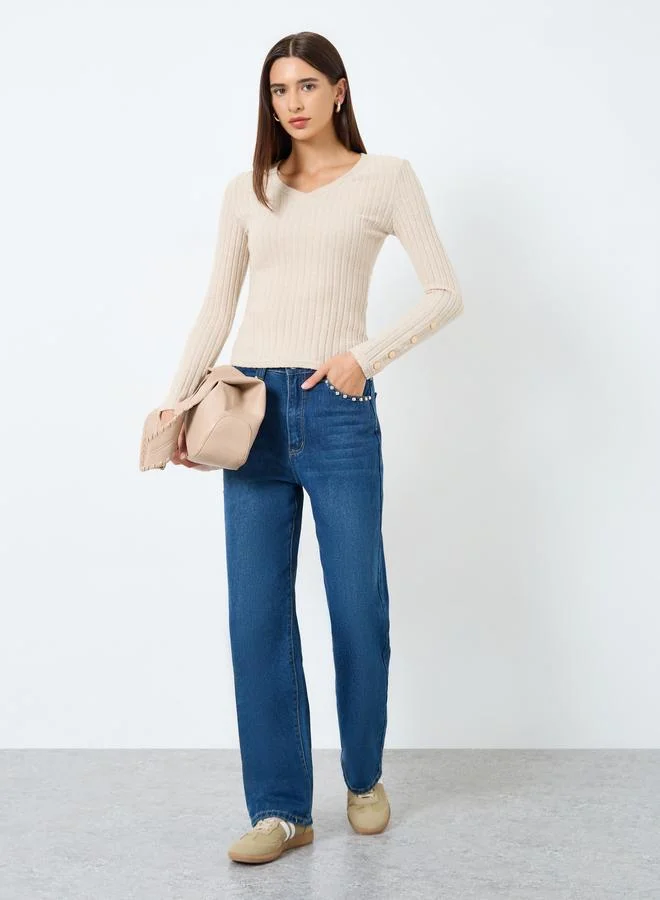 Take Two Solid V-Neck Button Detail Ribbed Top