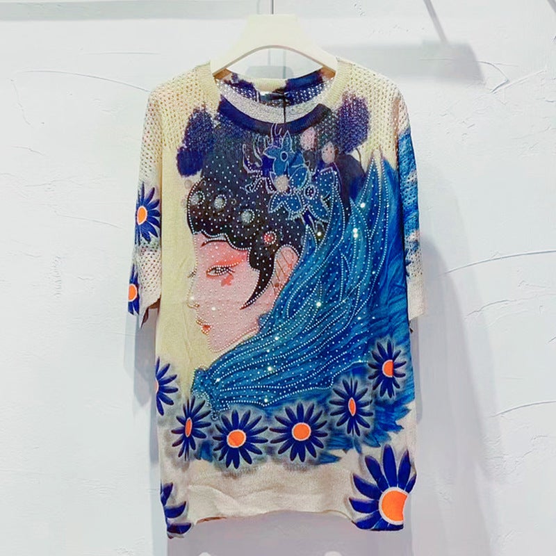 Heavy-Duty Diamond Short-Sleeved T-Shirt Women'S Age-Reducing Vintage Phoenix Printed Loose Large-Size Sweater Top Breathable Ice Silk - Image 5